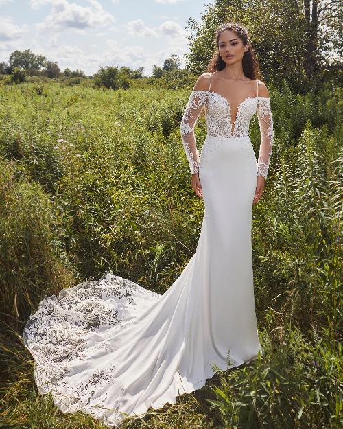 La24120 sexy off the shoulder wedding dress with plunging neckline and lace train1